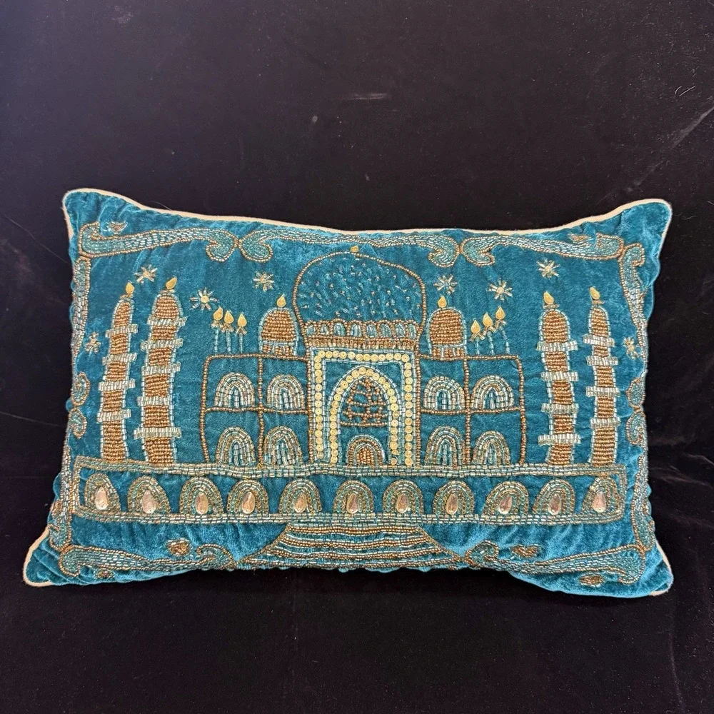 Vintage Bead Embroidered Taj Mahal Pillow Cover (Includes Pillow Insert)